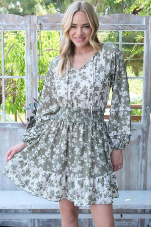 Iris Floral Printed Long Sleeve Dress - Olive