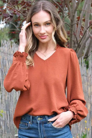 Bryony V-Neck Long Sleeve Blouse - Rust