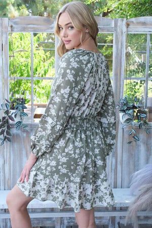 Iris Floral Printed Long Sleeve Dress - Olive