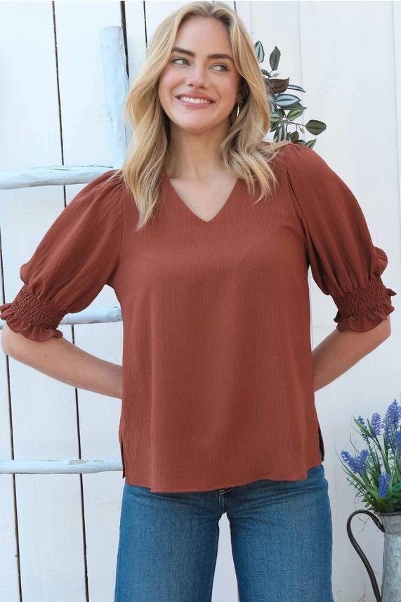 Delta V-Neck Blouse w/Smocked Detail Sleeve - Brown