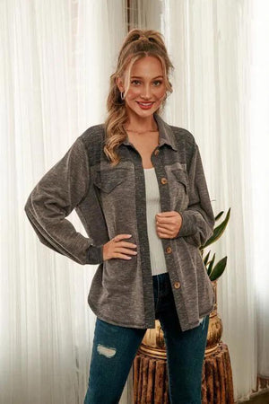 Magnolia Ribbed Knit w/Hacci Knit Long Sleeve Jacket - Charcoal