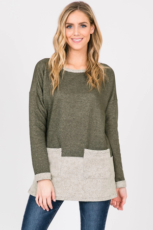 Nancy Color Block French Terry Long Sleeve Top - Olive