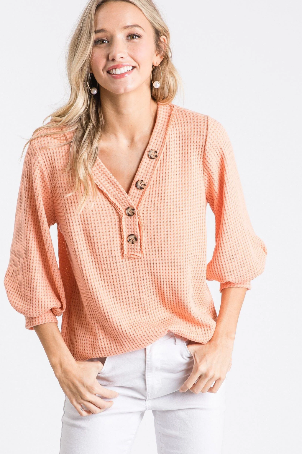 Shay Half Sleeve Waffle Top - Coral