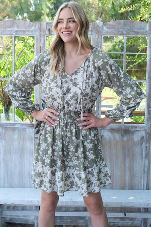 Iris Floral Printed Long Sleeve Dress - Olive