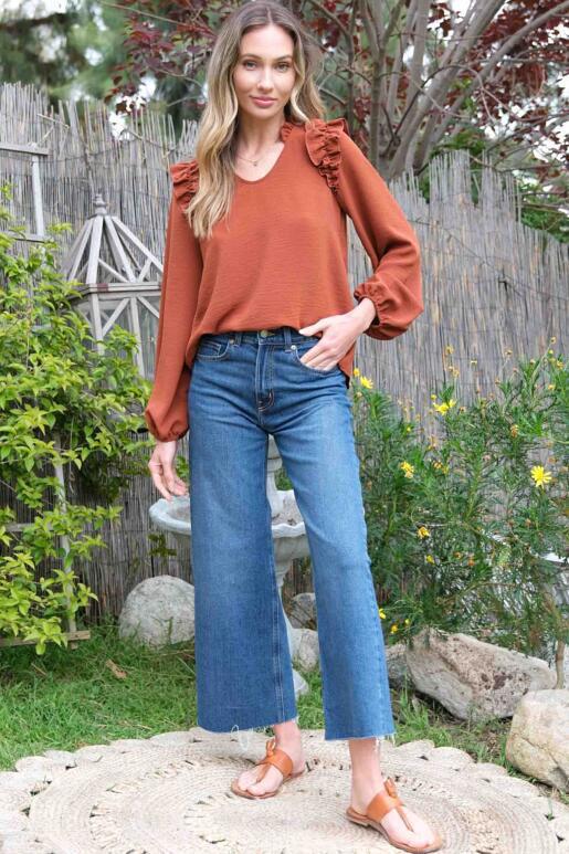 Dusti Long Sleeve V-Neck Blouse - Rust Brown