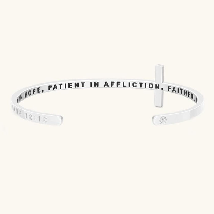 MantraBand Cross Bracelet - Be Joyful in Hope, Patient In Affliction, Faithful In Prayer (Romans 12:12)