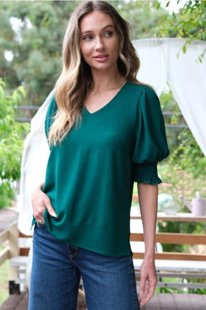 Delta V-Neck Blouse w/Smocked Detail Sleeve - Hunter Green