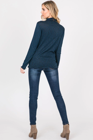 Paige Lettuce-Edge Neck Long Sleeve Top - Navy