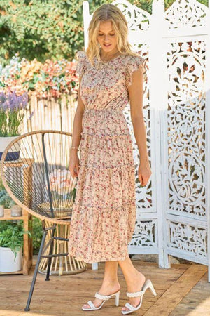 Malibu Floral Printed Tiered Maxi Dress - Taupe