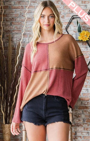 Ambrose Color Block Waffle Knit Top - Brick