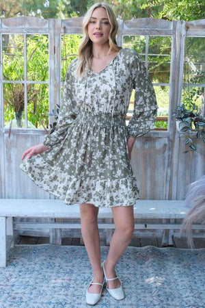 Iris Floral Printed Long Sleeve Dress - Olive