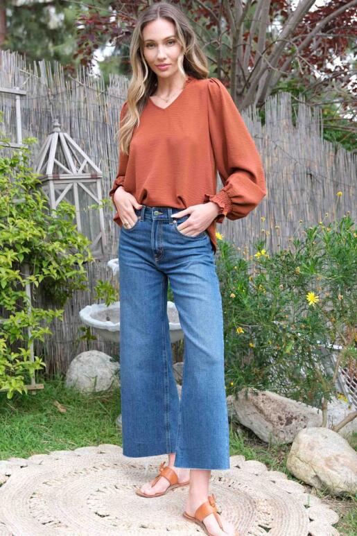 Bryony V-Neck Long Sleeve Blouse - Rust