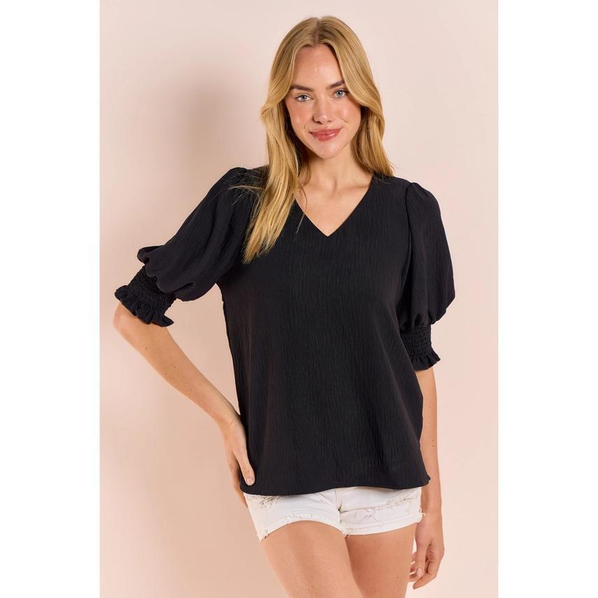 Delta V-Neck Blouse w/Smocked Detail Sleeve - Black