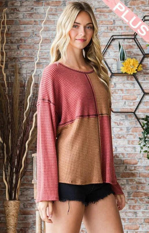 Ambrose Color Block Waffle Knit Top - Brick