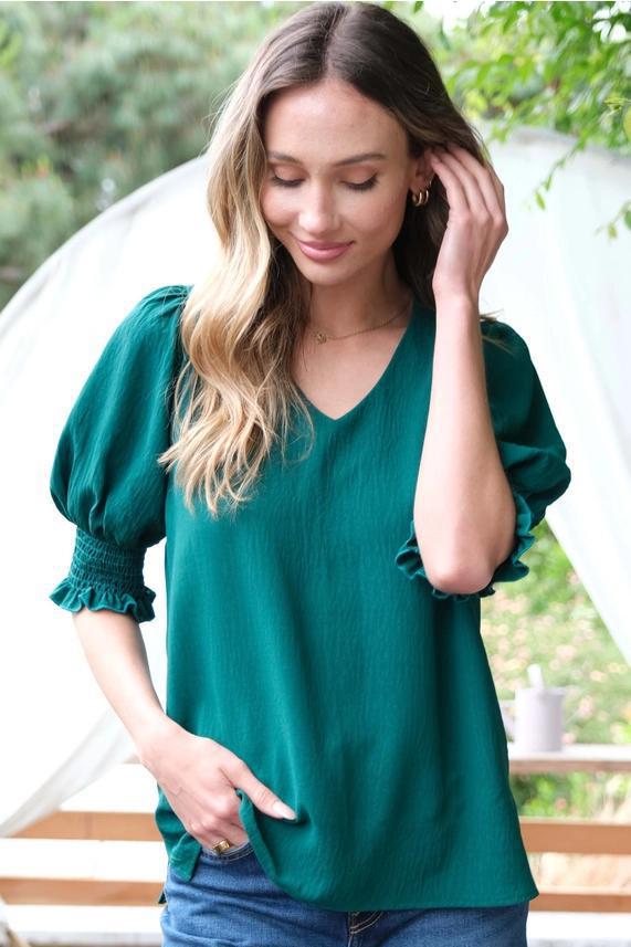 Delta V-Neck Blouse w/Smocked Detail Sleeve - Hunter Green