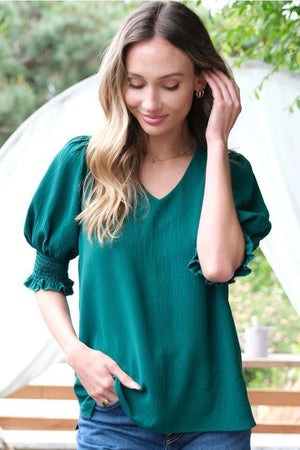 Delta V-Neck Blouse w/Smocked Detail Sleeve - Hunter Green