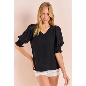 Delta V-Neck Blouse w/Smocked Detail Sleeve - Black