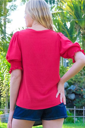 Delta V-Neck Blouse w/Smocked Detail Sleeve - Red