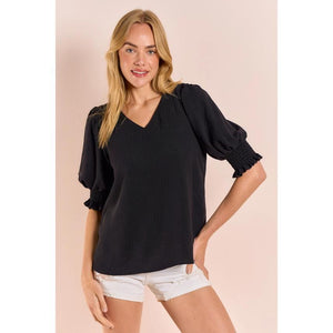 Delta V-Neck Blouse w/Smocked Detail Sleeve - Black