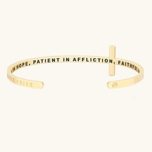 MantraBand Cross Bracelet - Be Joyful in Hope, Patient In Affliction, Faithful In Prayer (Romans 12:12)