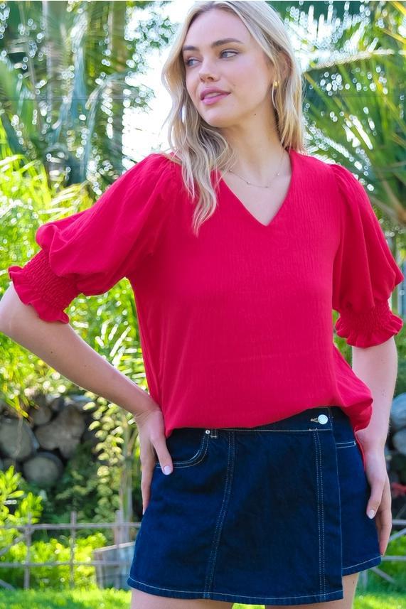 Delta V-Neck Blouse w/Smocked Detail Sleeve - Red