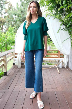 Delta V-Neck Blouse w/Smocked Detail Sleeve - Hunter Green