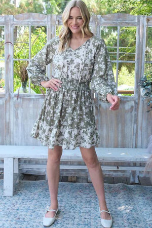 Iris Floral Printed Long Sleeve Dress - Olive