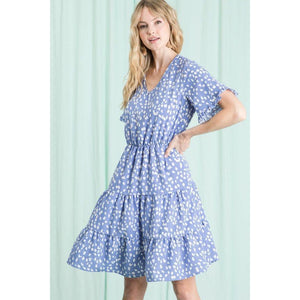 Phaidra Printed V-Neck Knee Length Dress - Blue