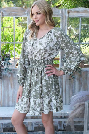 Iris Floral Printed Long Sleeve Dress - Olive