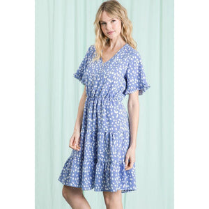 Phaidra Printed V-Neck Knee Length Dress - Blue