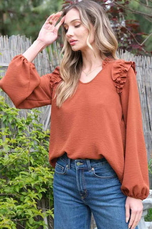 Dusti Long Sleeve V-Neck Blouse - Rust Brown