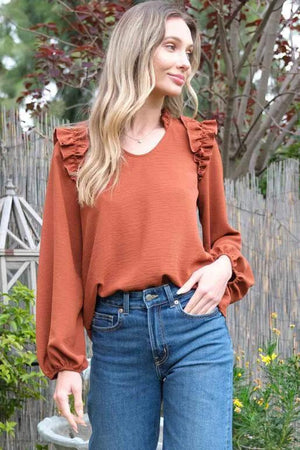 Dusti Long Sleeve V-Neck Blouse - Rust Brown