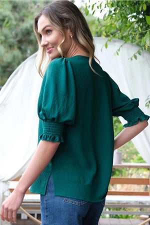 Delta V-Neck Blouse w/Smocked Detail Sleeve - Hunter Green