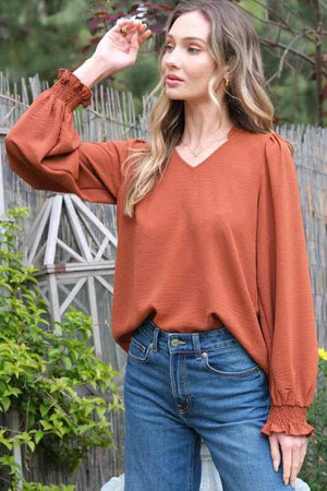 Bryony V-Neck Long Sleeve Blouse - Rust