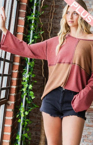 Ambrose Color Block Waffle Knit Top - Brick