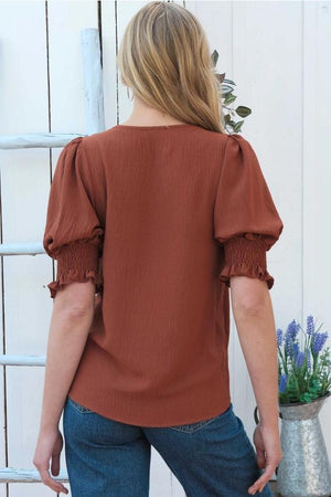 Delta V-Neck Blouse w/Smocked Detail Sleeve - Brown