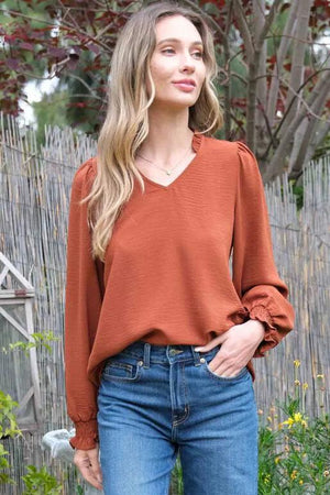 Bryony V-Neck Long Sleeve Blouse - Rust