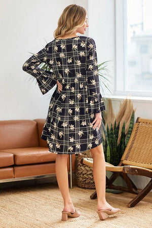 Maude Plaid Mix Floral Dress - Navy