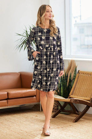 Maude Plaid Mix Floral Dress - Navy