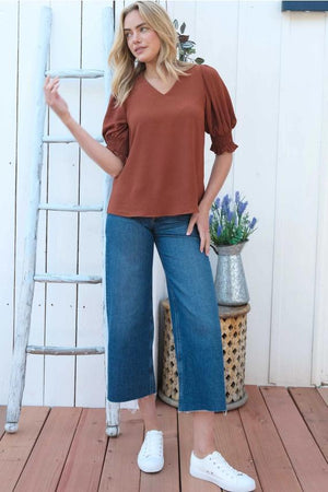 Delta V-Neck Blouse w/Smocked Detail Sleeve - Brown