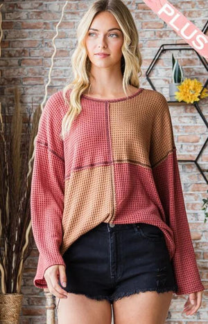 Ambrose Color Block Waffle Knit Top - Brick