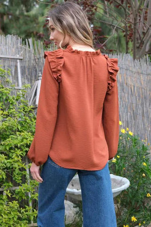 Dusti Long Sleeve V-Neck Blouse - Rust Brown