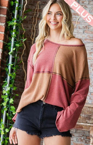 Ambrose Color Block Waffle Knit Top - Brick