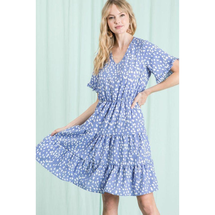 Phaidra Printed V-Neck Knee Length Dress - Blue