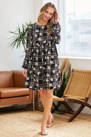 Maude Plaid Mix Floral Dress - Navy