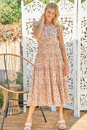 Malibu Floral Printed Tiered Maxi Dress - Taupe