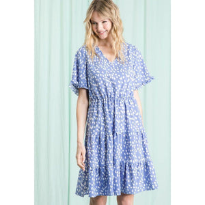 Phaidra Printed V-Neck Knee Length Dress - Blue