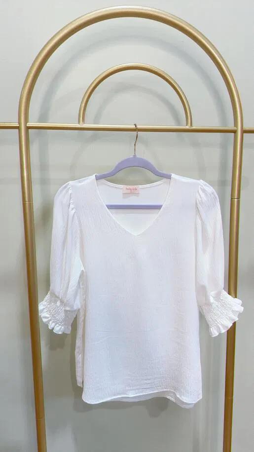 Delta V-Neck Blouse w/Smocked Detail Sleeve - White