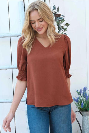 Delta V-Neck Blouse w/Smocked Detail Sleeve - Brown