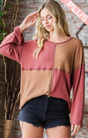 Ambrose Color Block Waffle Knit Top - Brick